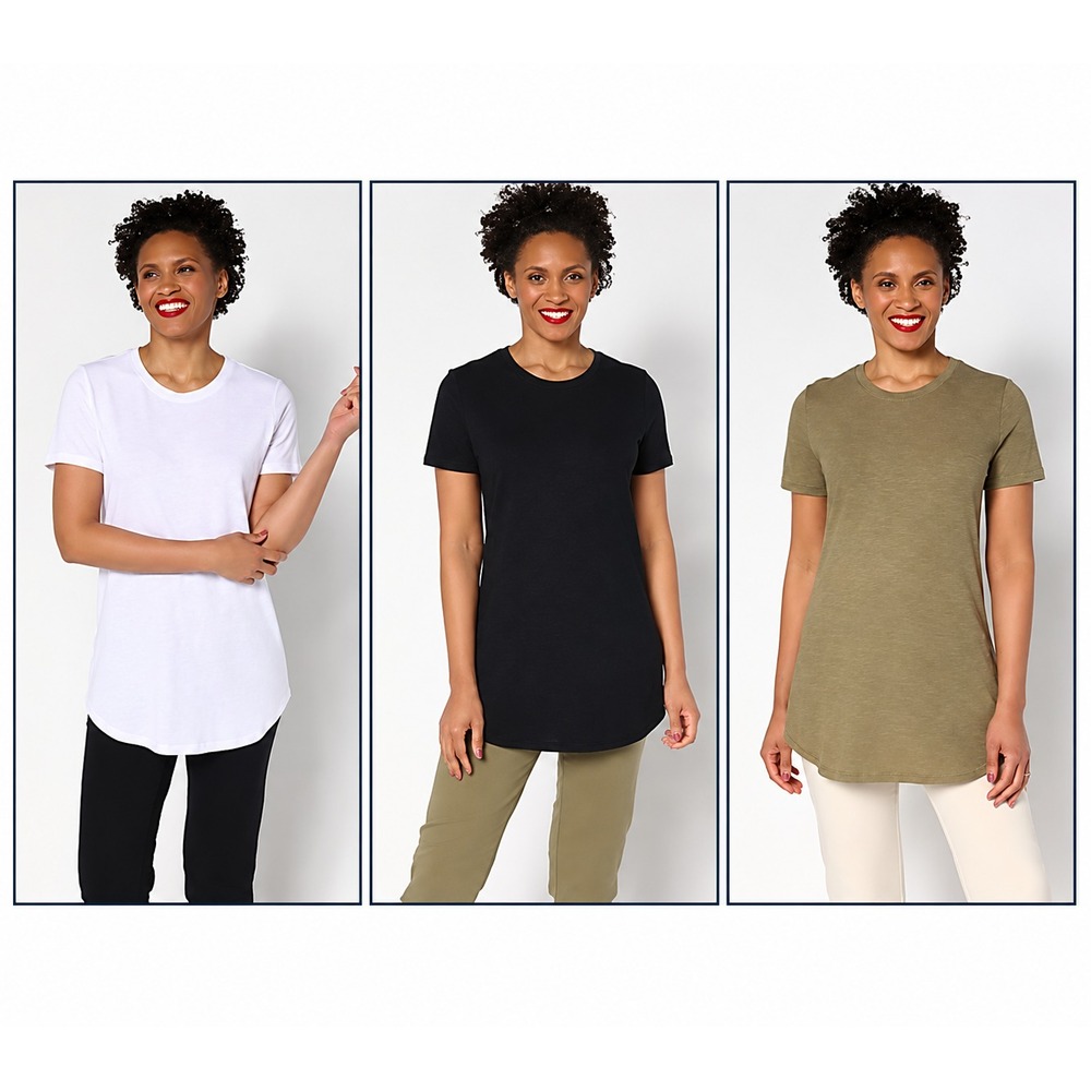 Denim & Co. Essentials Regular Linen Blend 3-Pack Tunics wht/Blk/MedOliv,XX-Smal